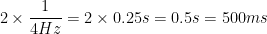 $$ 2 \times \frac{1}{4 Hz} = 2 \times 0.25 s = 0.5 s = 500 ms$$